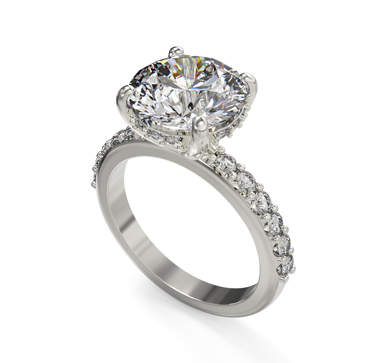 Classic Round Hidden Halo Engagement Ring with Side Stones