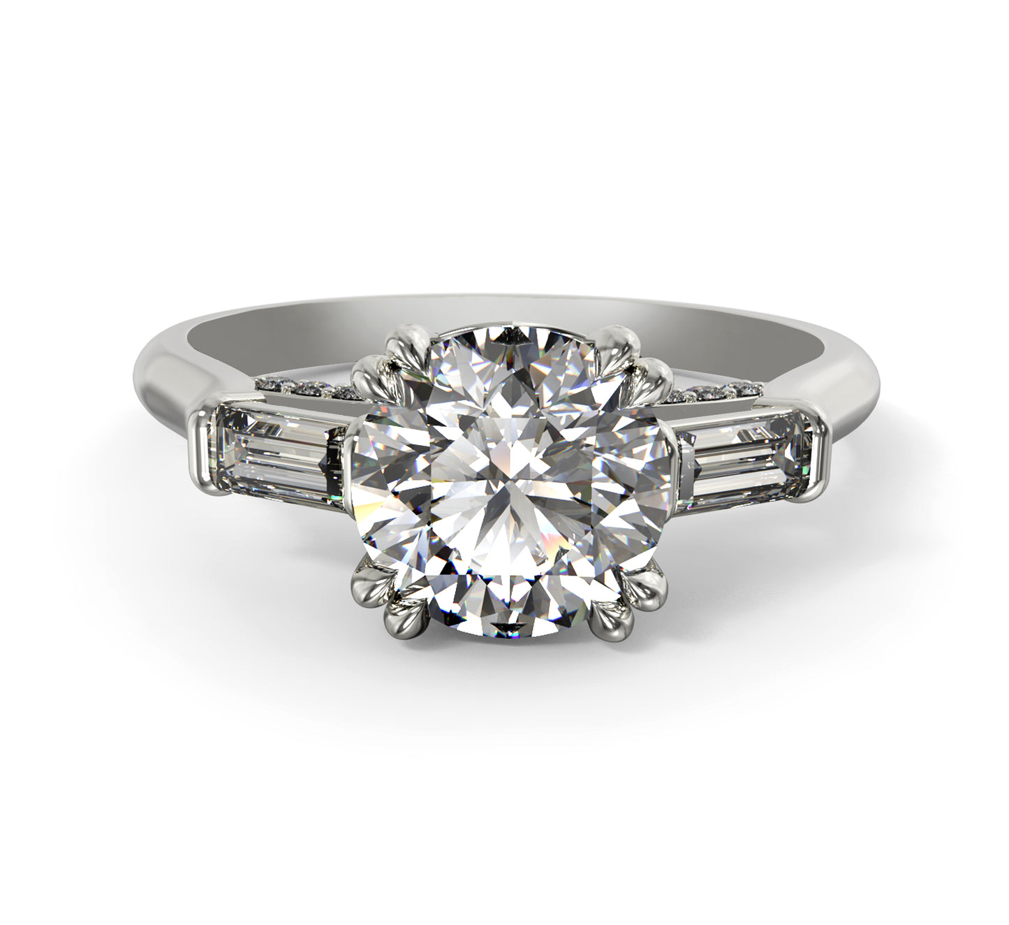 Signature Round Diamond Ring with Baguette Side Stones